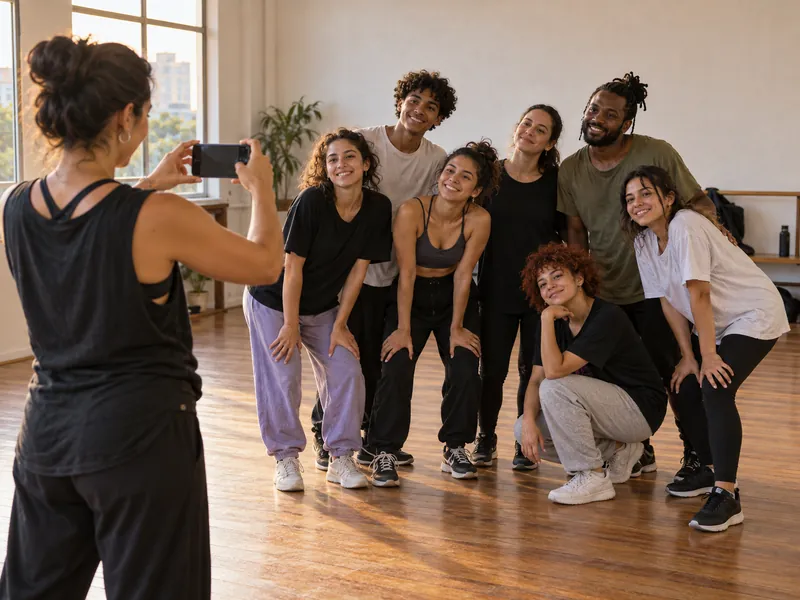 Professora segura o celular para fotografar a turma reunida ao fim de uma aula de dança