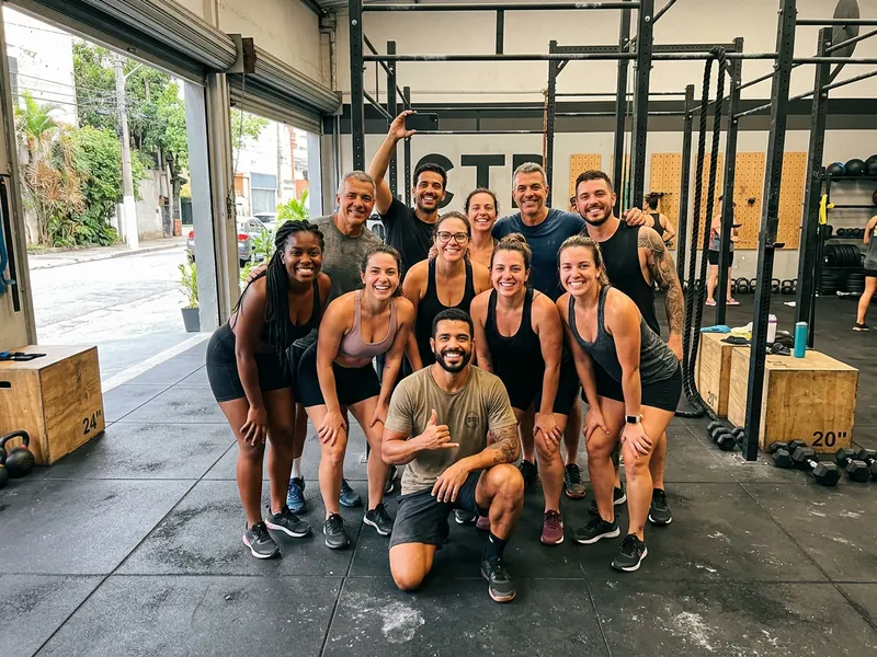 Foto de fim de WOD de uma turma de crossfit em um box, com o coach agachado na frente do rig