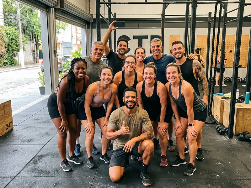 Foto de fim de treino de uma turma de treinamento funcional em um studio, com o treinador agachado na frente