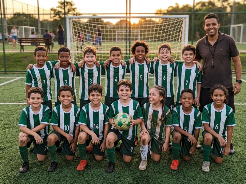 Foto de uma escolinha de futebol infantil com o treinador no campo society ao pôr do sol