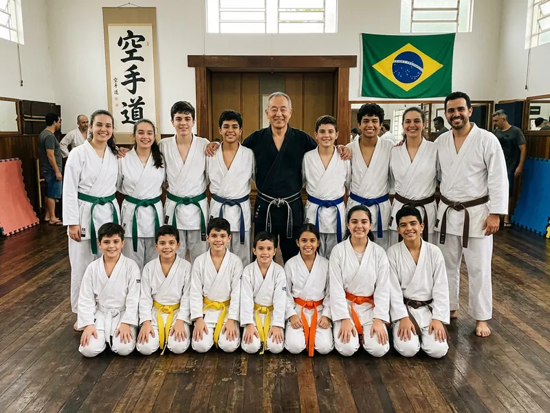 Foto de fim de aula de uma turma de karatê de kimono branco com faixas coloridas e o sensei