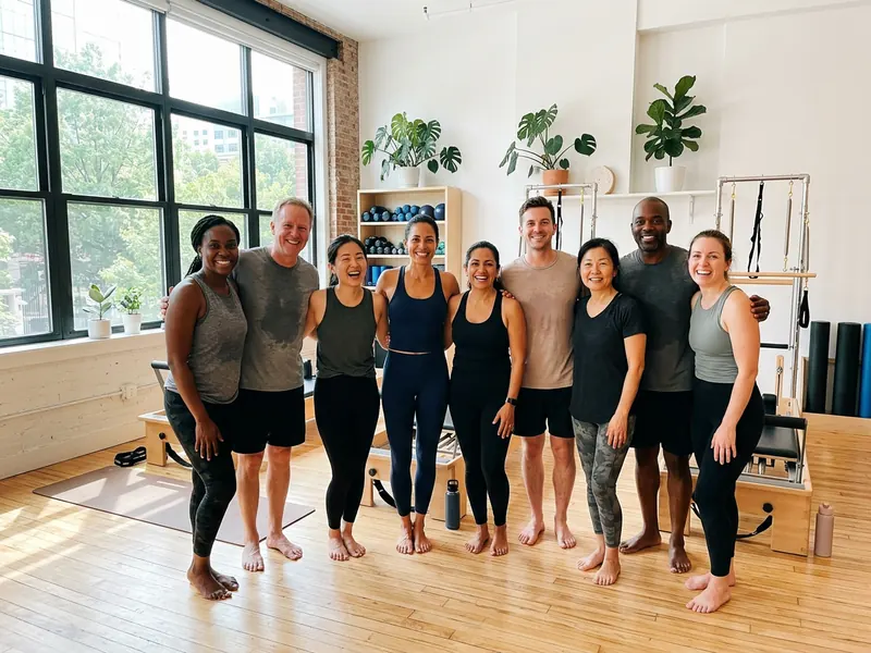 Foto de fim de aula em um studio de pilates, alunos e instrutora na frente dos aparelhos