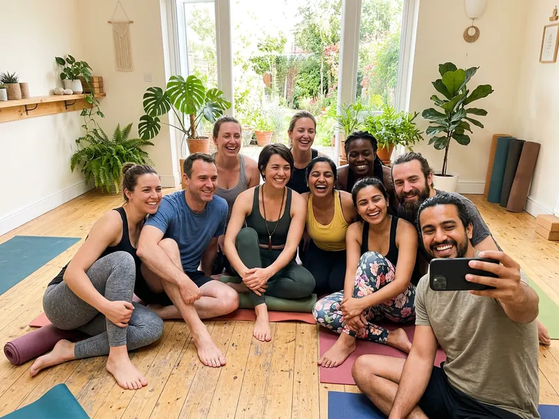 Foto de fim de aula de uma turma de yoga sentada nos tapetes na frente da janela do studio