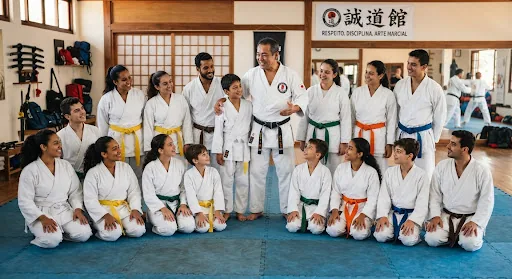 Professor e alunos de artes marciais reunidos no tatame