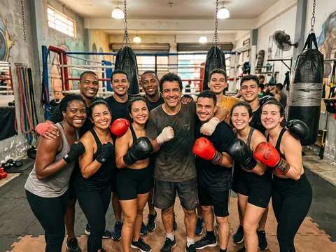 Turma de boxe reunida com luvas de treino em frente ao ringue